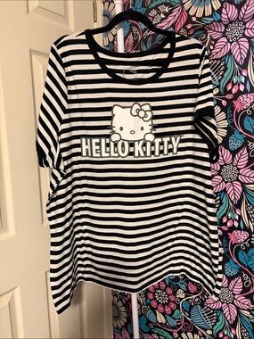 Hello Kitty Black & White Striped Short Sleeve Tee with Center Logo